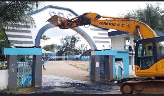 The famous arc to what used to be the headquarters of CDC being bulldozed to the ground