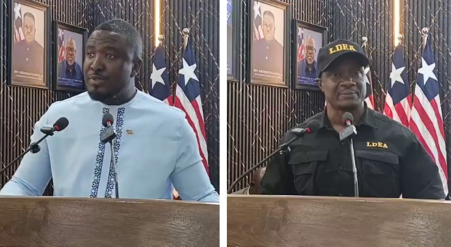 Deputy Information Minister Daniel Sando and Officer in Charge, Liberia Drugs Enforcement Agency (LDEA) Fitzgerald Biago